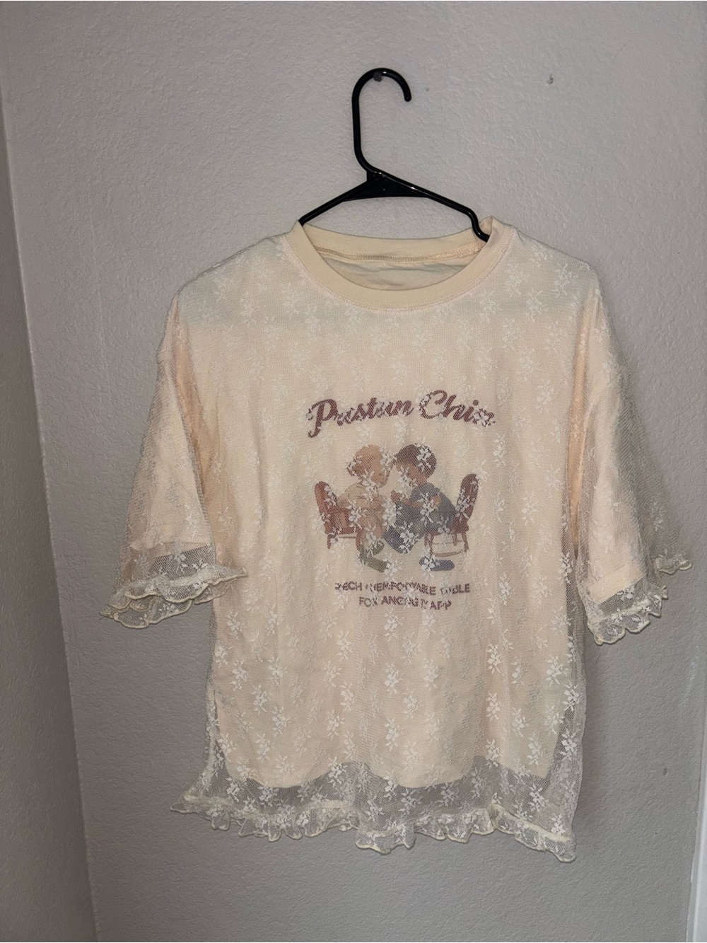 Cream Lace-Overlay Graphic Blouse